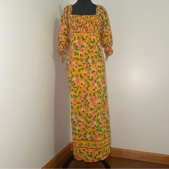 Farm Rio- Yellow Orange Mini Cashew Short Sleeve Smocked Midi Dress Size Medium - Picture 5 of 15